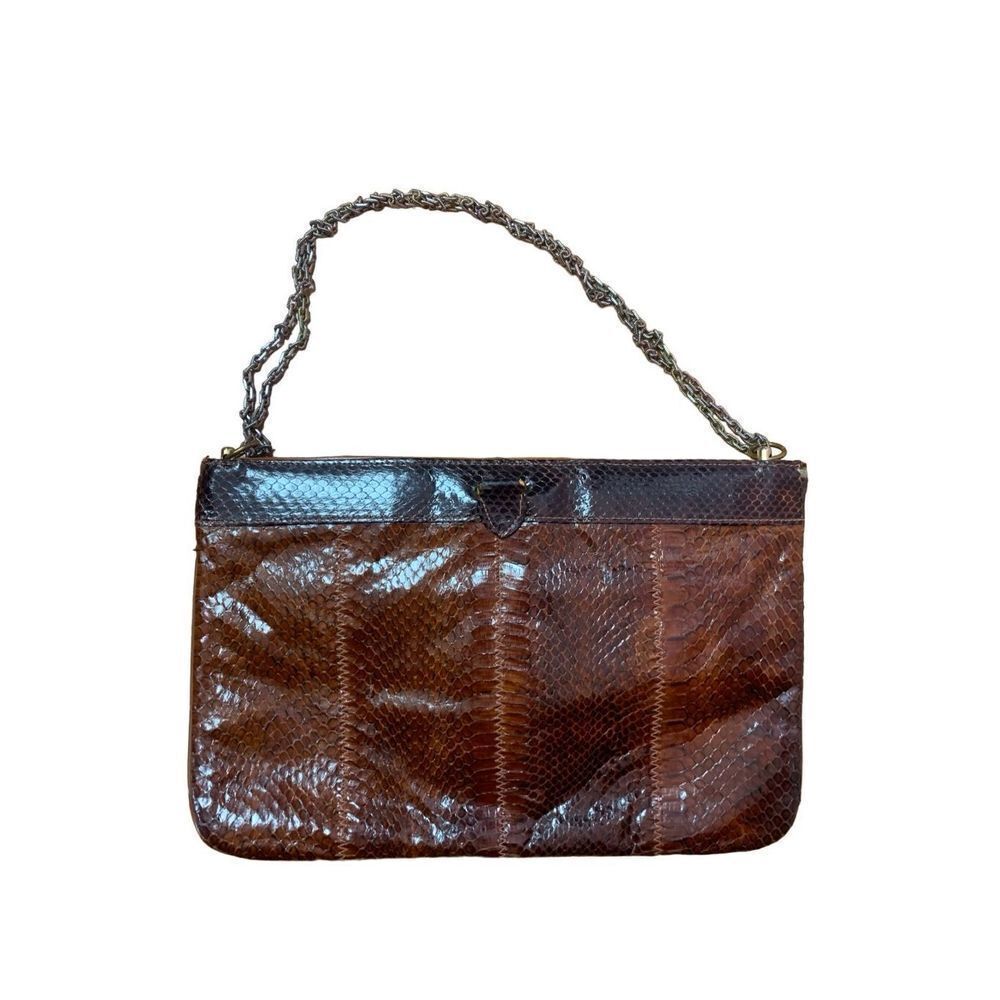 David Mehler For Dame Ladies Brown Snake Skin Print Chain Handle Clutch Handbag - Picture 2 of 8